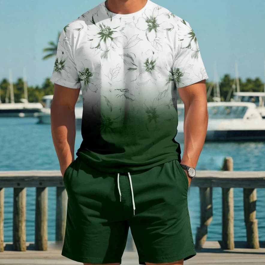 2026 Summer Men's 3D Printed Gradient Floral Shirt Set, Trendy Loose Casual Youthful Stylish Versatile Menswear