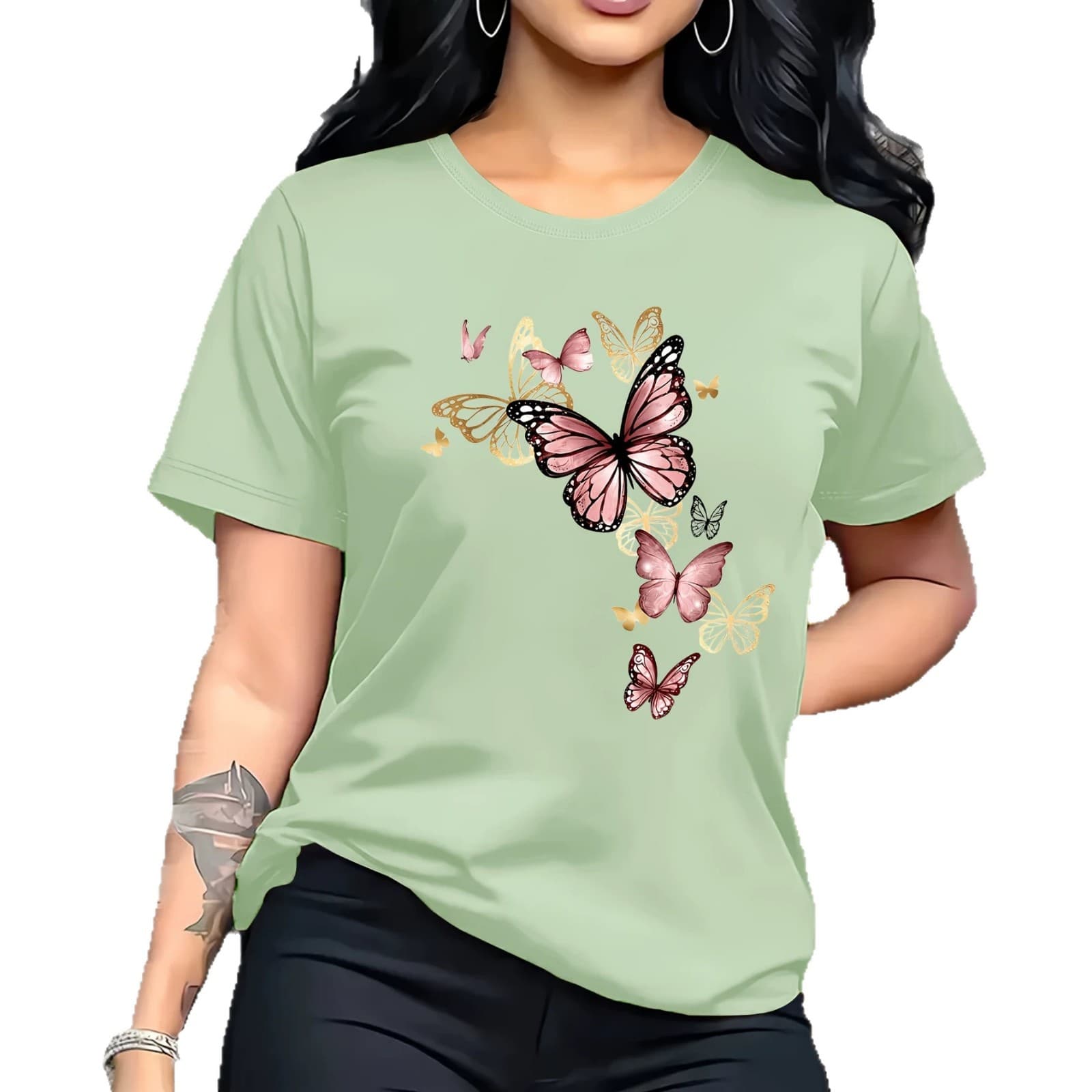 Women's Cross-Border European and American Style Butterfly Print T-Shirt, Brown Basic Round Neck Casual Slim-Fit Versatile Short-Sleeve Top