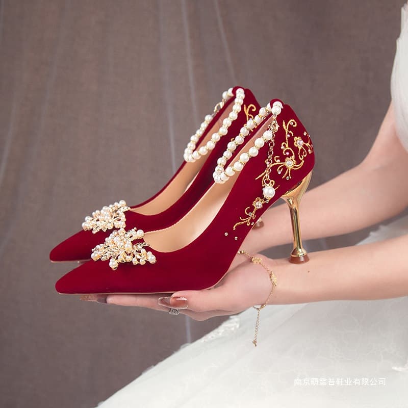 Red Wedding Shoes for Bride, Two-Way Wear for Xiuhe Suit and Wedding Dress, 2025 New Style, Chinese Pregnant Woman Toast Dress High Heels, Thin Heel