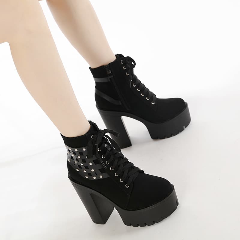 Plaid Rhinestone High Heel Ankle Boots Women's Autumn Winter Thick Sole Platform Motorcycle Boots Front Lace Retro Wedge Heel Women's Boots