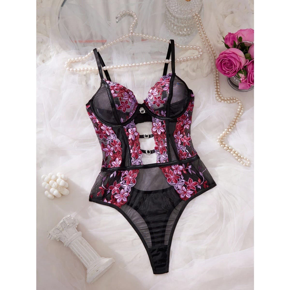 In stock cross-border European and American style floral embroidery hollow sexy bodysuit, Amazon and AliExpress sourcing.