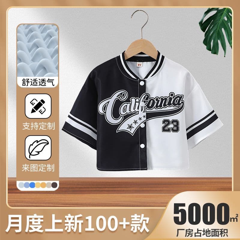 Cross-border Women's Wear New Edition, Girls' and Large Kids' Fashion Street Retro Baseball Collar Short Sleeve Cardigan Versatile Shirt