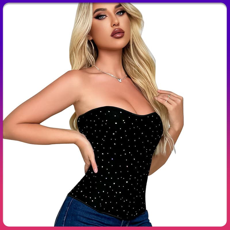 Corset Tops - Glittering Rhinestone Fabric, Fishbone Shaping, Breathable, Slimming, Body-Hugging Women's Top