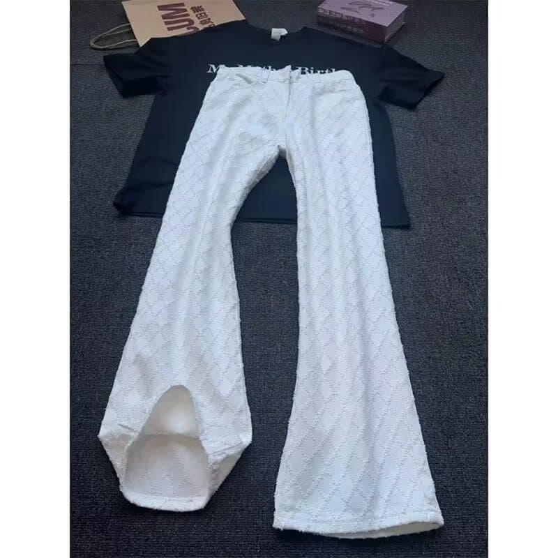 White Diamond Quilted Fringe Curved Knife Jeans for Men Autumn American High Street Vibe Slim Straight Flared Long Pants