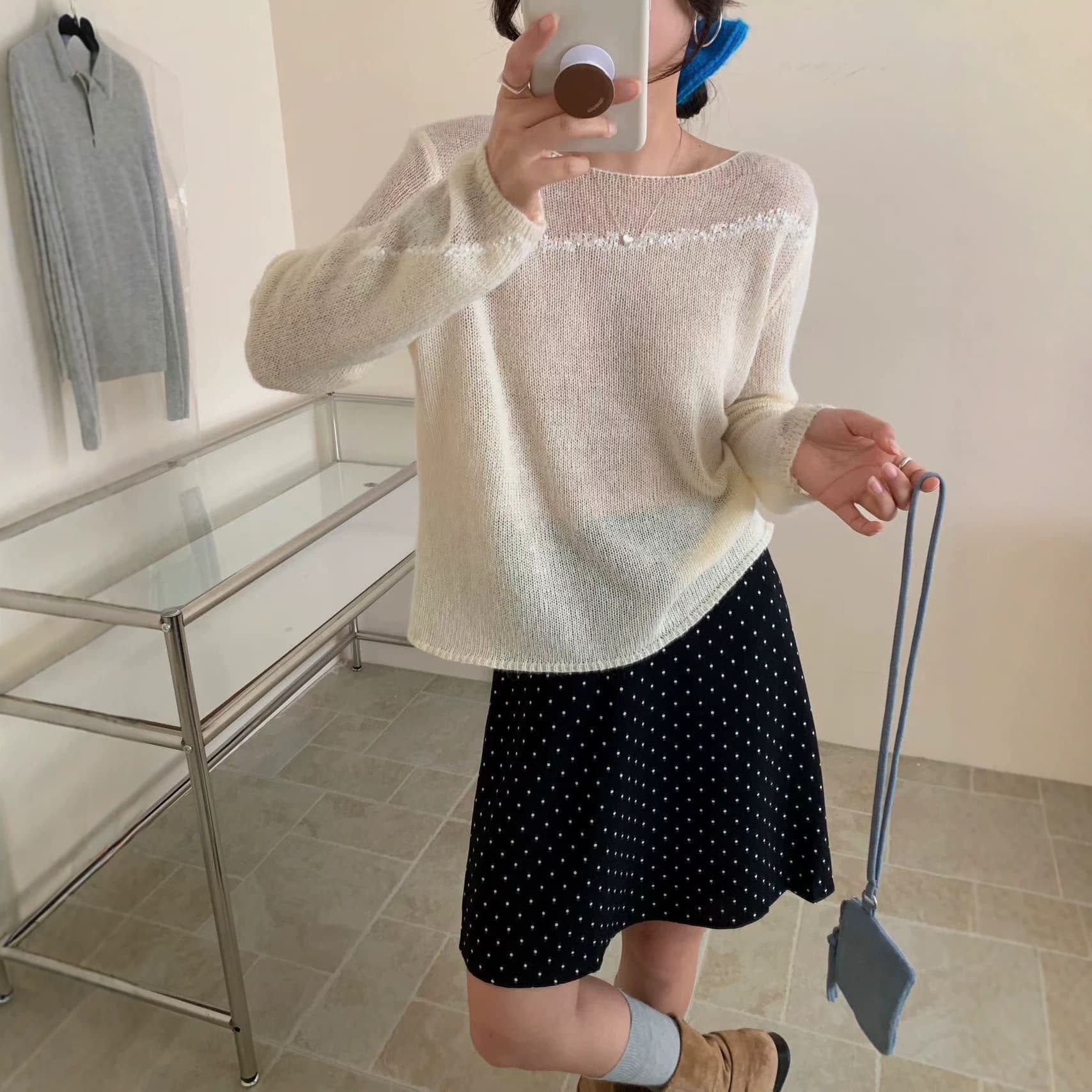 Korean High-End Sense Stitching Mohair Knit Base Top for Women, 2026 Early Autumn New Loose Versatile Top