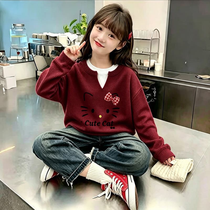 2026 Spring and Autumn New Trendy Girls Stylish Long Sleeve Kids Base Layer Fake Two-Piece Waffle Top Casual T-Shirt