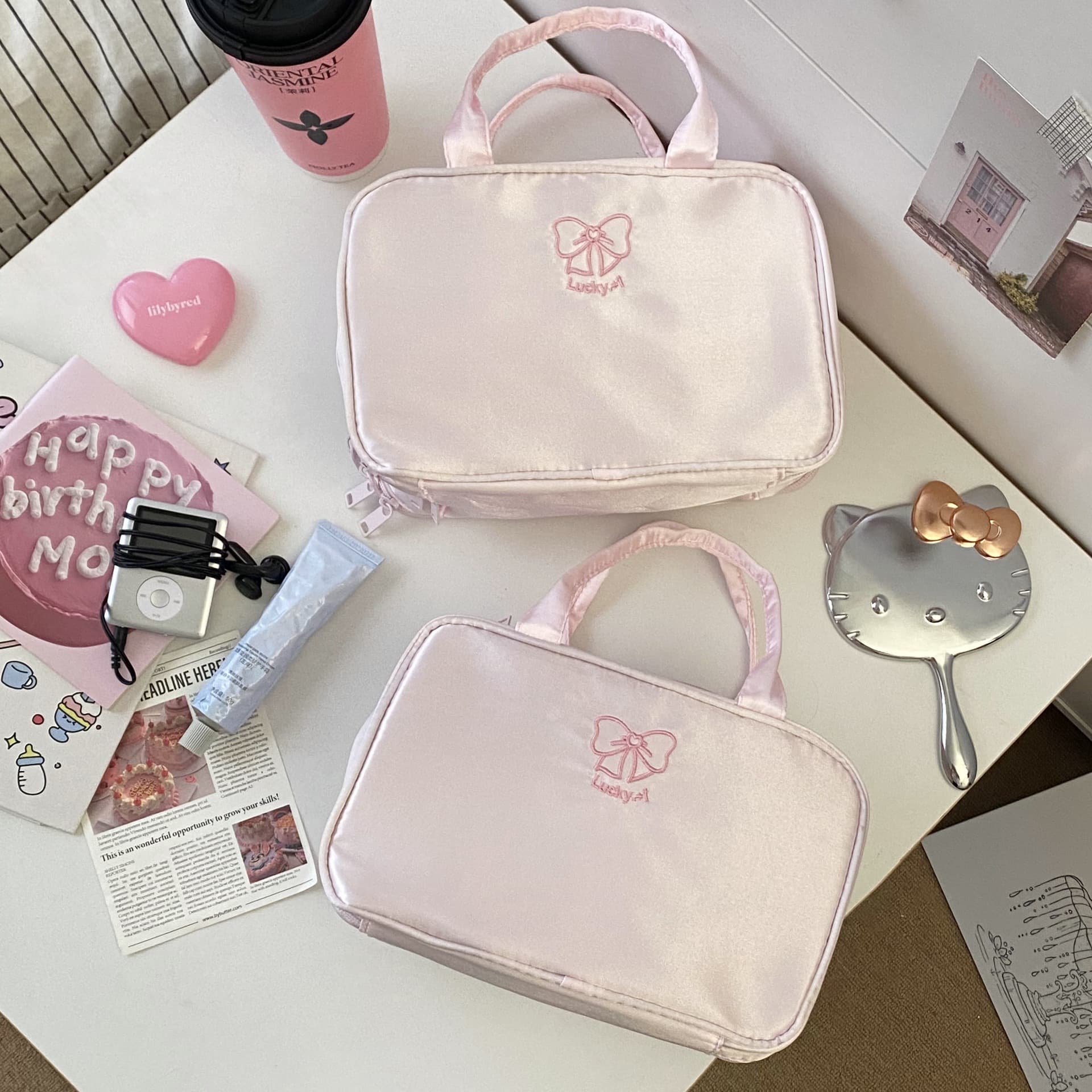 Girl Pink Three-Layer Cosmetic Bag Portable Large Capacity Handheld Toiletry Bag Travel Business Trip Partition Storage Bag