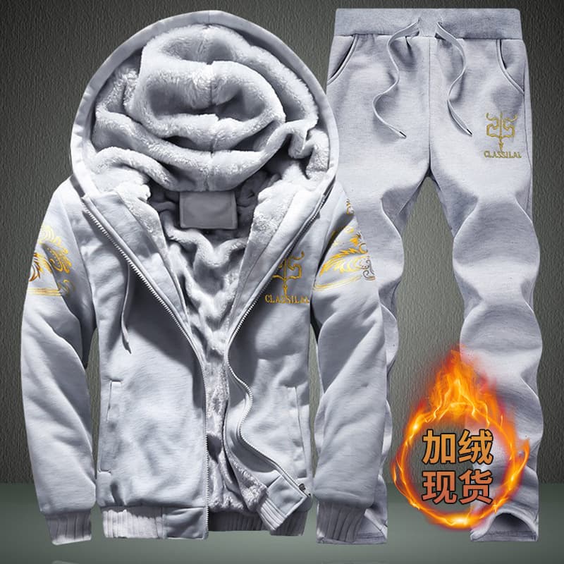Men's Winter Thickened Fleece Hoodie Set Casual Long Sleeve Polyester Fiber Coat Long Pants Outdoor Sportswear Ensemble