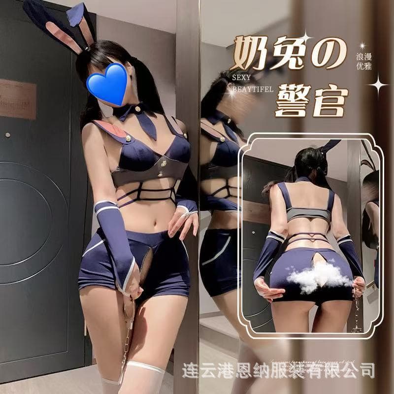 New Sexy Lingerie Bunny Police Officer Cosplay Open Crotch No Need to Remove Pure Desire Sexy Hot Girl Midnight Uniform Set for Women