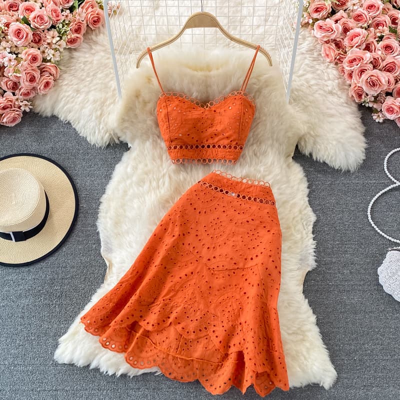 Beach Vacation Set Summer New Backless Short Crop Camisole Top Two-Piece Set High-Waist Ruffle Skirt
