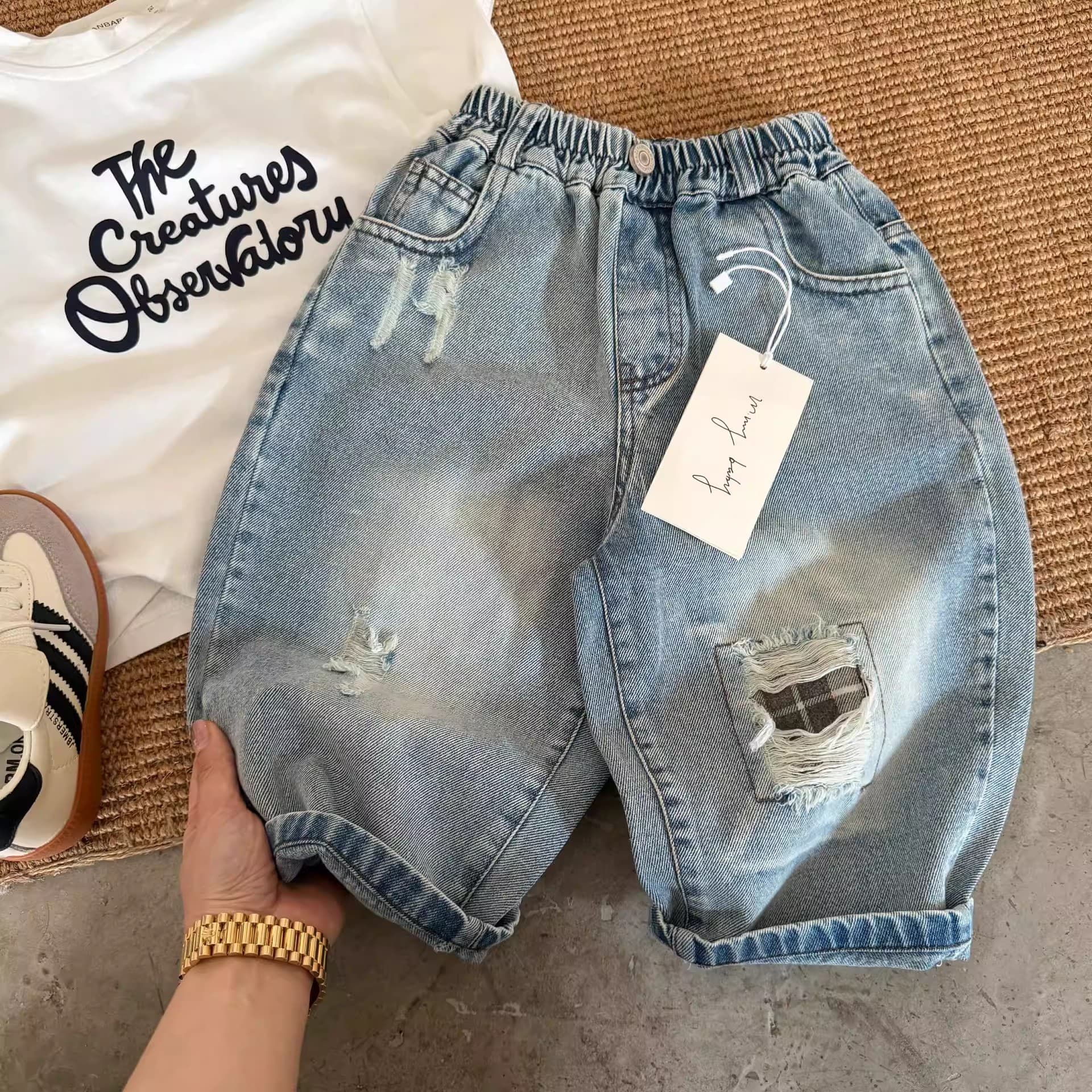 Korean style ripped jeans for men and women baby 2026 spring and autumn new loose and versatile casual trousers elastic waist straight pants