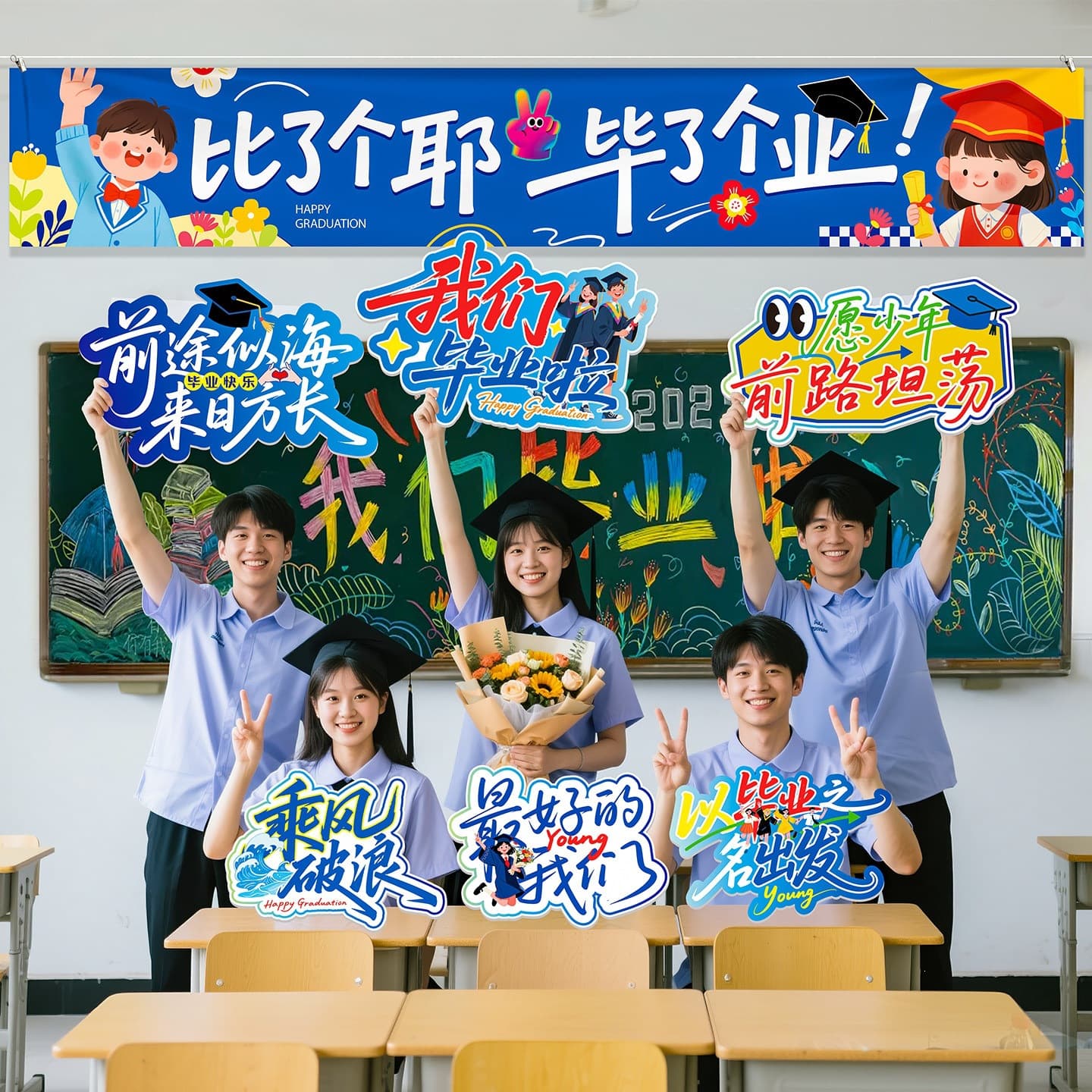 We graduated holding placards to take photos, atmosphere props, university commemorative graduation ceremony decorations, classroom decorations and school decorations