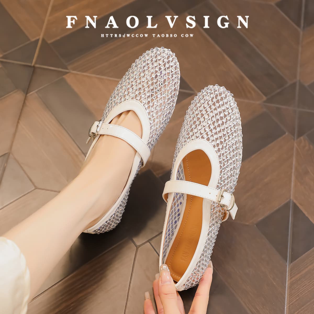 A366-10 French-Style Single Shoes with Round Toe, Rhinestones, Shallow Opening, Strap, Mesh Surface, Breathable, Flat-Soled Ballet Shoes