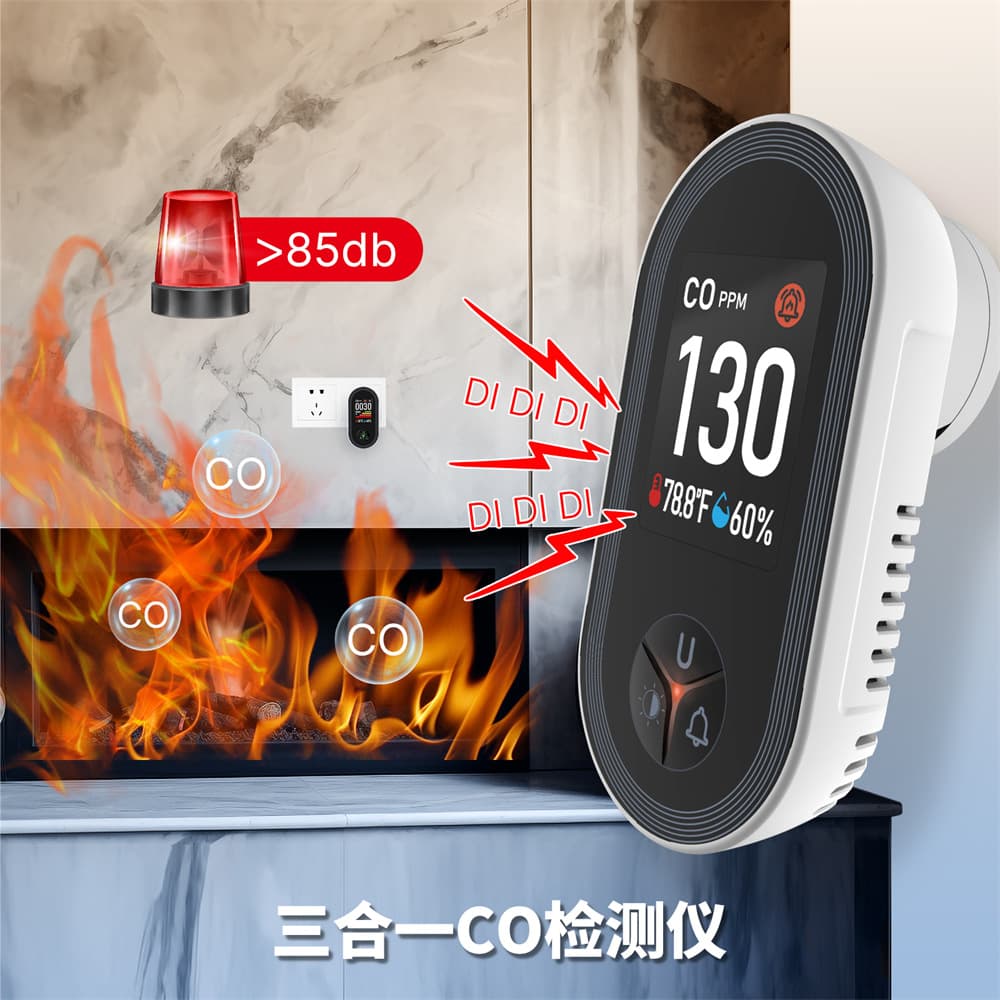 3-in-1 CO temperature and humidity sensor for kitchens and garages; 4-in-1 combustible gas CO temperature and humidity detector for monitoring and alarm.