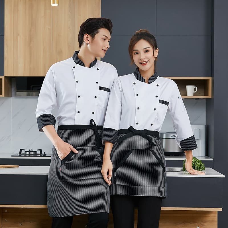 Black Stripe Collar Long Sleeve Chef Uniform for Women, Private Kitchen, Hotel, Restaurant, Cafeteria, Back Kitchen Men, Custom with Logo