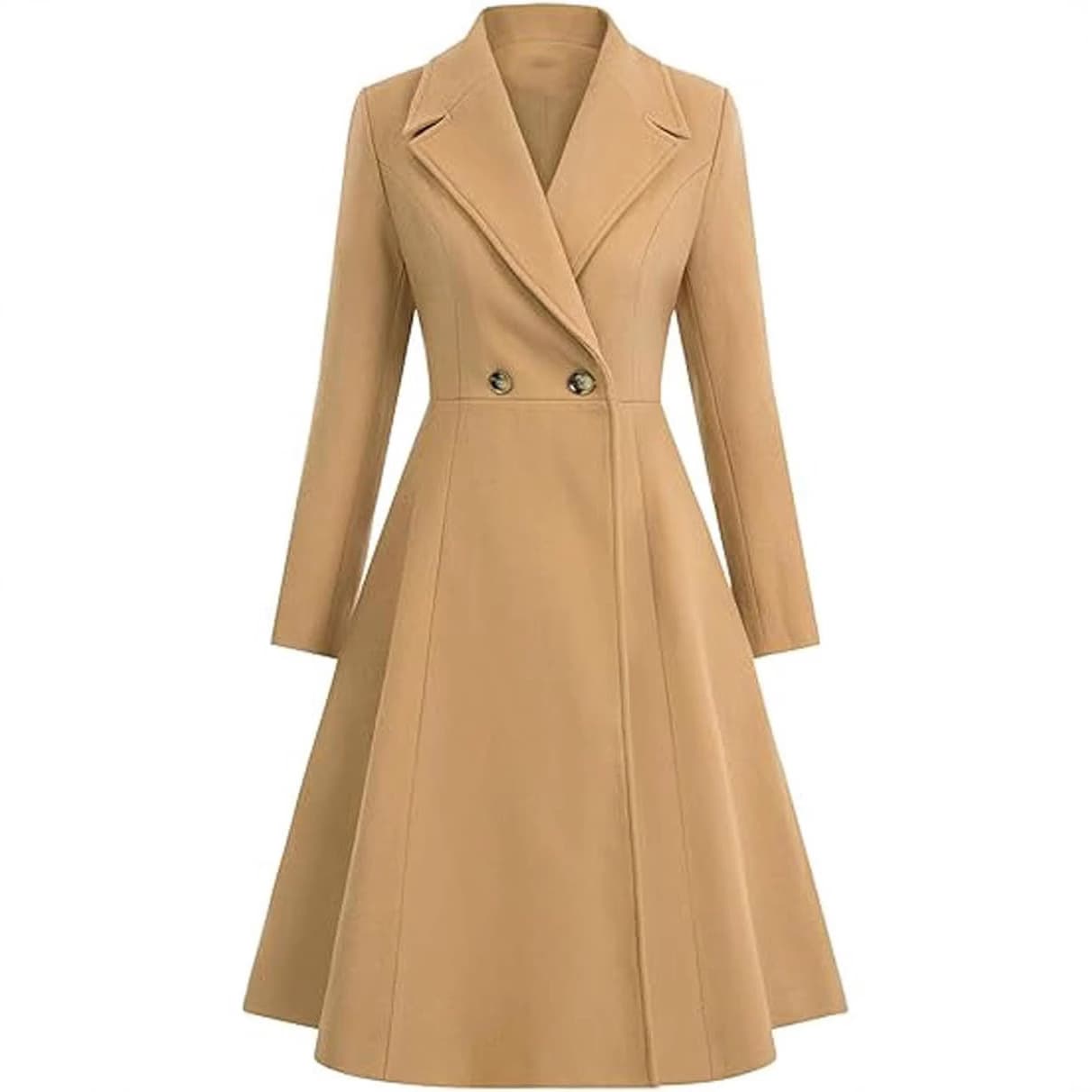 Women's Long Trench Coat Winter Notch Lapel Double-Breasted Button A-Line Pleated Woolen Outerwear with Lining