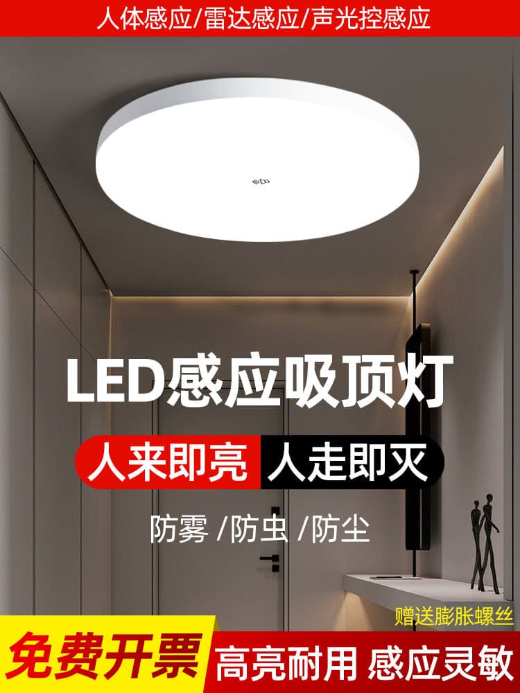 Automatic Ceiling Light with Motion and Sound Sensor for Hallways/Corridors, Activates Upon Detection and Turns Off When Vacant