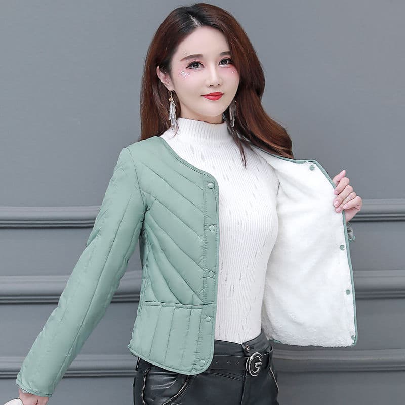 Winter padded down cotton jacket for women, short inner layer lightweight slim-fit cotton coat for middle-aged and elderly, plus-size fleece-lined warm outerwear
