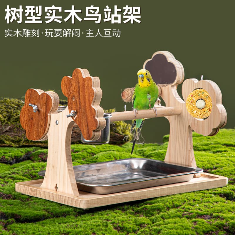 Parrot Perch Stand for Budgie Sun Conure, Solid Wood Bird Stand with Poop Catcher, Bird Perch Toy Accessories