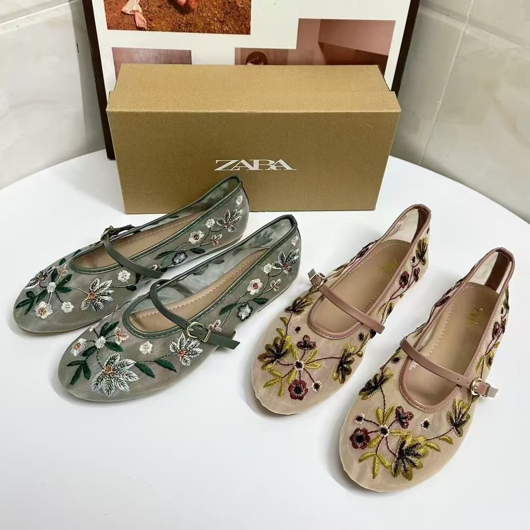 Za New Women's Shoes Round Toe Mesh Sand Green Flower Embroidered Mesh Cloth Breathable Flats Ballet Shoes