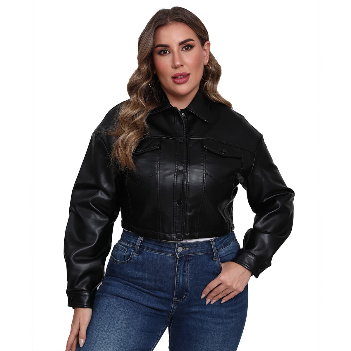 Chunqiu Dama PLUS New Loose Casual Leather Jacket for Women Long Sleeve Single-Breasted Short Coat Plus Size