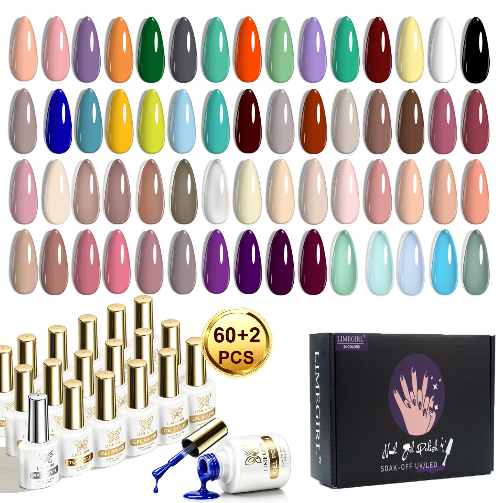 60+2 Nail Gel Polish Set Full Set in Color Box, Color Gel Top Coat Base Coat CPSR Eco-Friendly Quality 62pcs