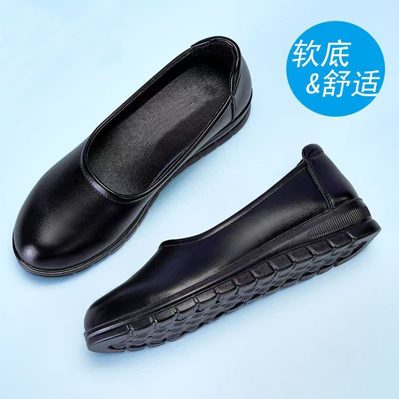 Women's Faux Leather Soft Sole Work Shoes Black Flat Soft Sole Round Toe Non-Slip Waterproof Kitchen Professional Office Shoes