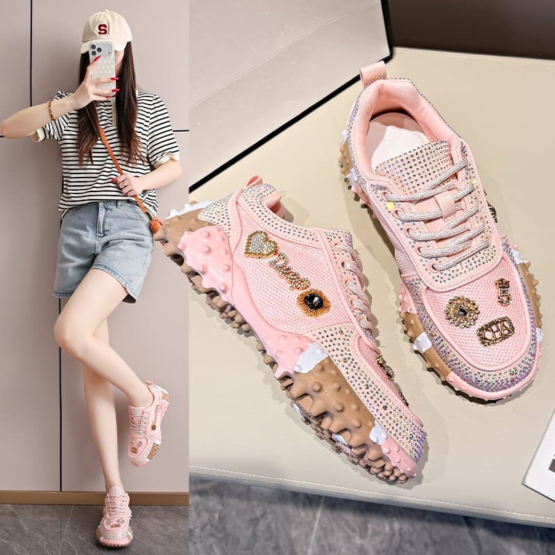 Dad's shoes for women 2026 European street shoes new spring breathable single shoes rhinestone thick sole casual sports shoes