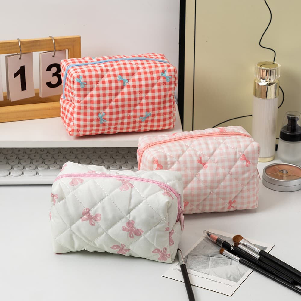 New Cross-Border Plaid Bow Large-Capacity Handheld Cosmetic Bag Coin Purse Portable Fresh Japanese & Korean Style for Students