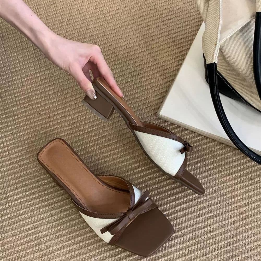 Women's Chunky Heel Slide Sandals 2026 Summer New Color-Block Bow Square Toe Chic Versatile Outdoor One-Strap Sandals