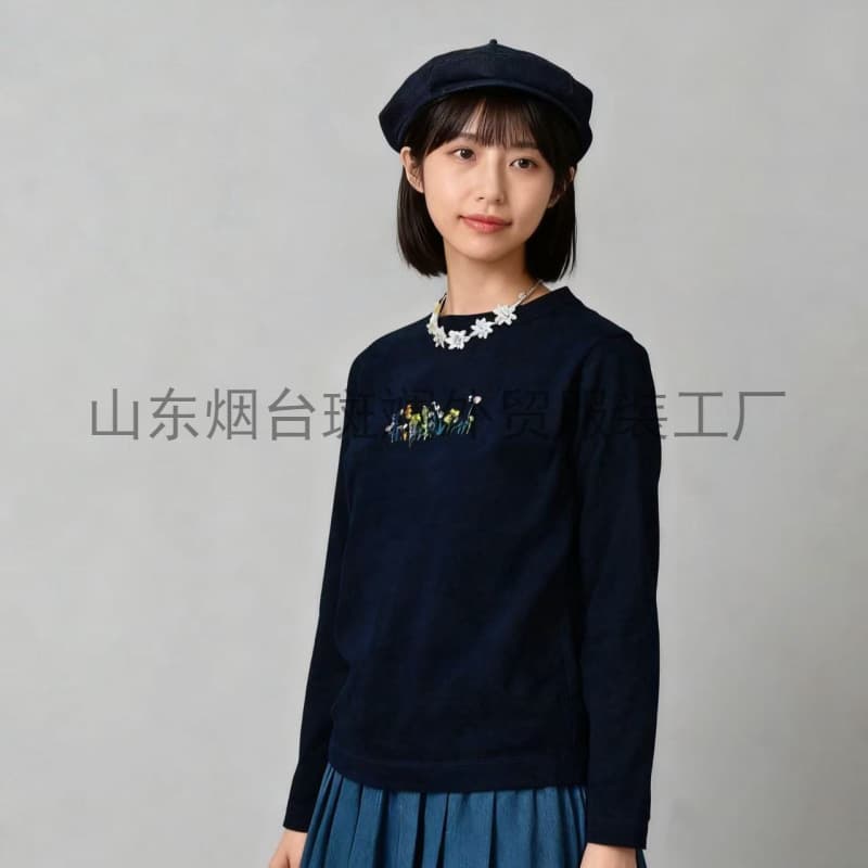Factory Direct Supply Export Garment Indigo CC45R Floral Embroidery Long Sleeve T-Shirt