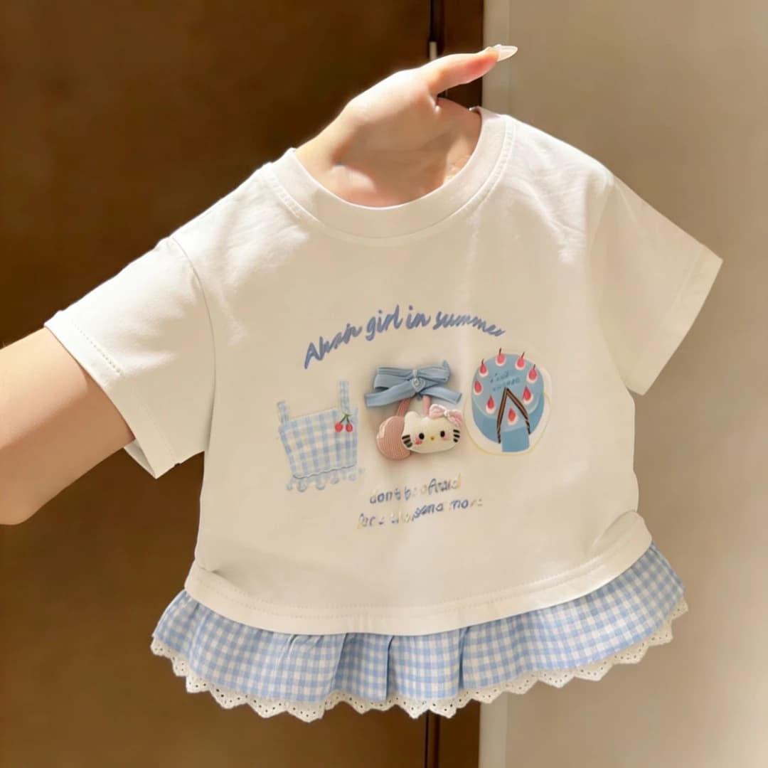 Girls short-sleeved cute T-shirt 2026 summer new style baby girl Korean version cute cartoon plaid lace top trendy t