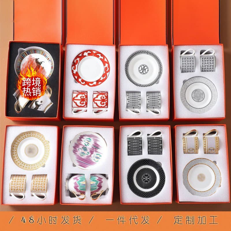 Cross-border Direct Supply H Style Fashion Coffee Cup Set European Afternoon Tea Set Red Tea Cup Coffee 2 Cups 2 Saucers Gift Box