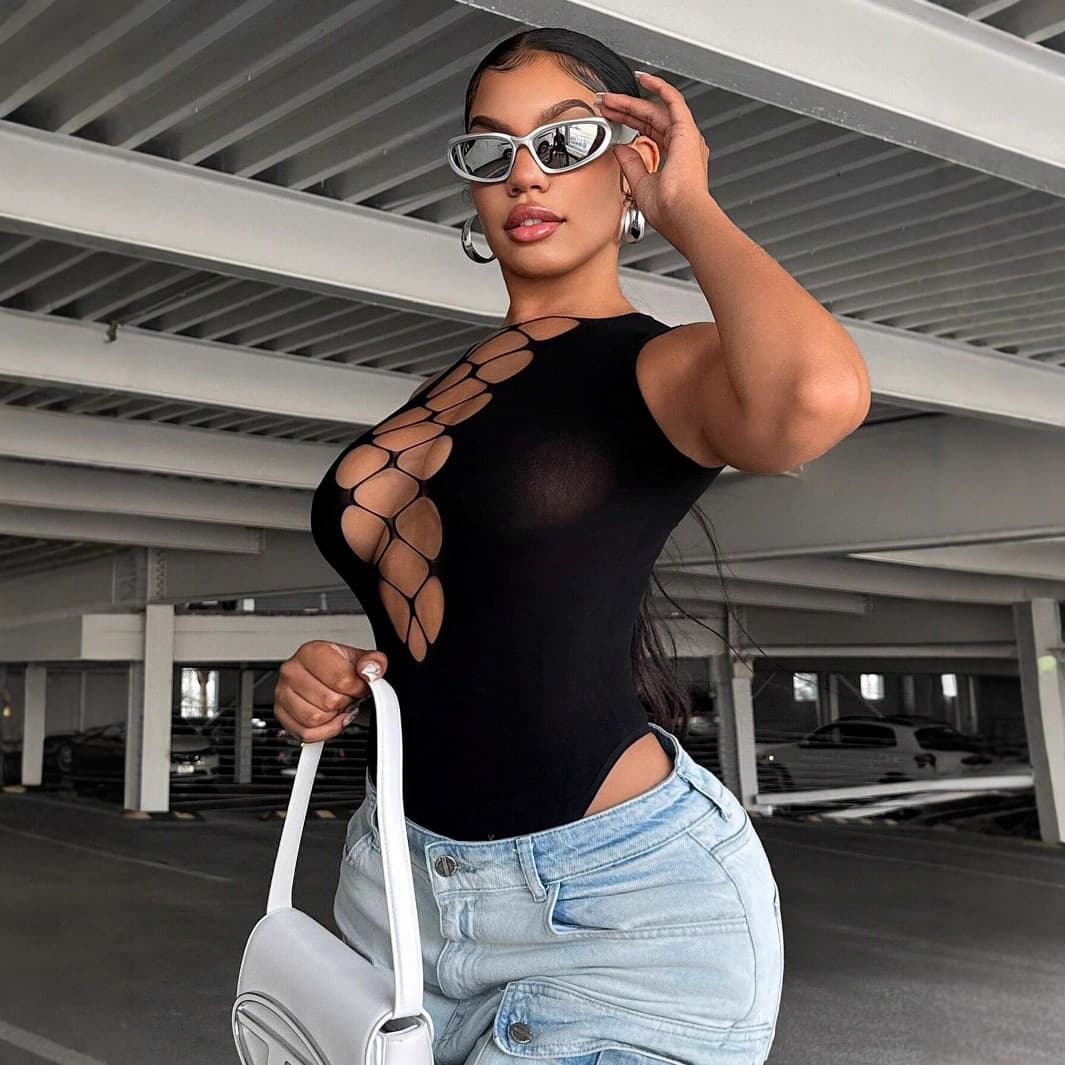 2025 Summer New Women's Sleeveless Hollow See-Through Mesh Sexy Fashion Bodysuit for Cross-Border EU/US Market