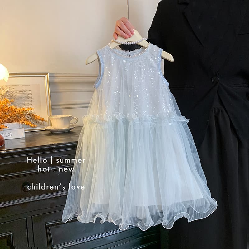 Blue Town 2026 New Girls Dress Summer Fashionable Little Girl Dress Stunning Sequin Mesh Skirt