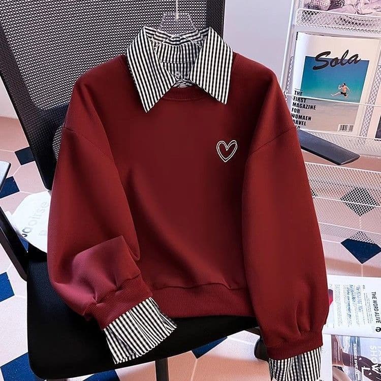Striped Spliced Fake Two-Piece Sweatshirt Women Spring Autumn 2026 New Hot-Selling Fashionable Stylish Petite Short Top