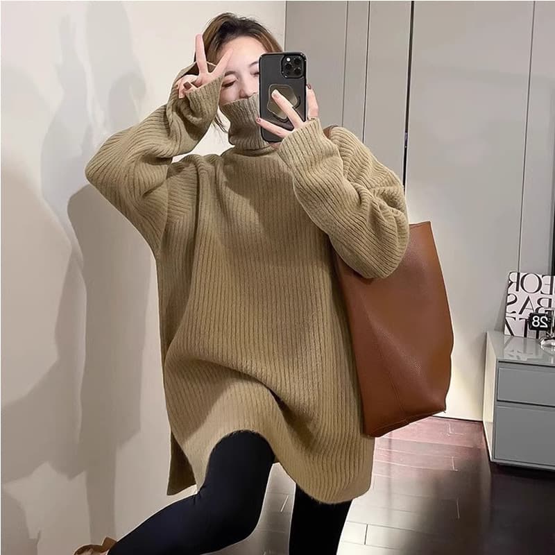 2025 Mid-Length Turtleneck Sweater for Women, Hip-Covering, Chunky Knit, Loose and Relaxed Style, Thick Base Layer for Fall and Winter