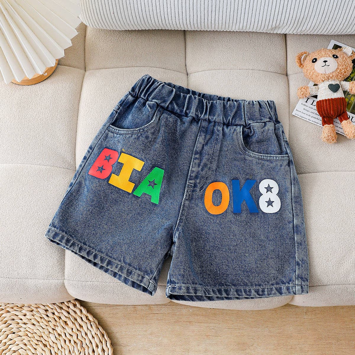 Summer Kids Denim Shorts Boys Girls Colorful Letter Print Elastic Waist Casual Baby Shorts Children's Clothing