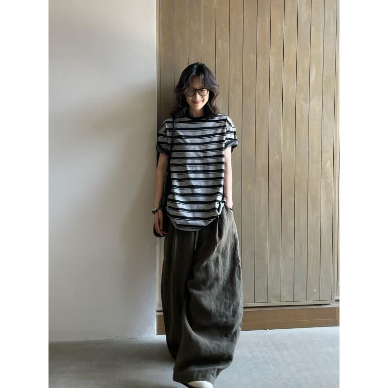 High-End Retro Sportswear Set Women Summer Student Loose Slimming Striped Short Sleeve Long Pants Casual Two Piece Set