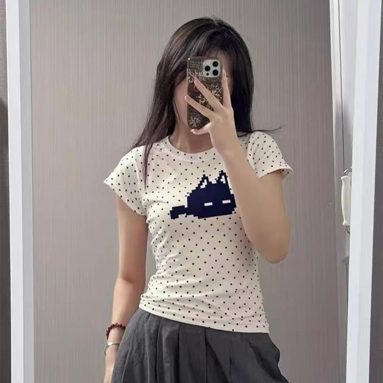 Polka Dot Cute Kitten Print Pure Cotton Short-Sleeved T-Shirt for Women Summer New Round Neck Slim Casual Versatile Top Ins