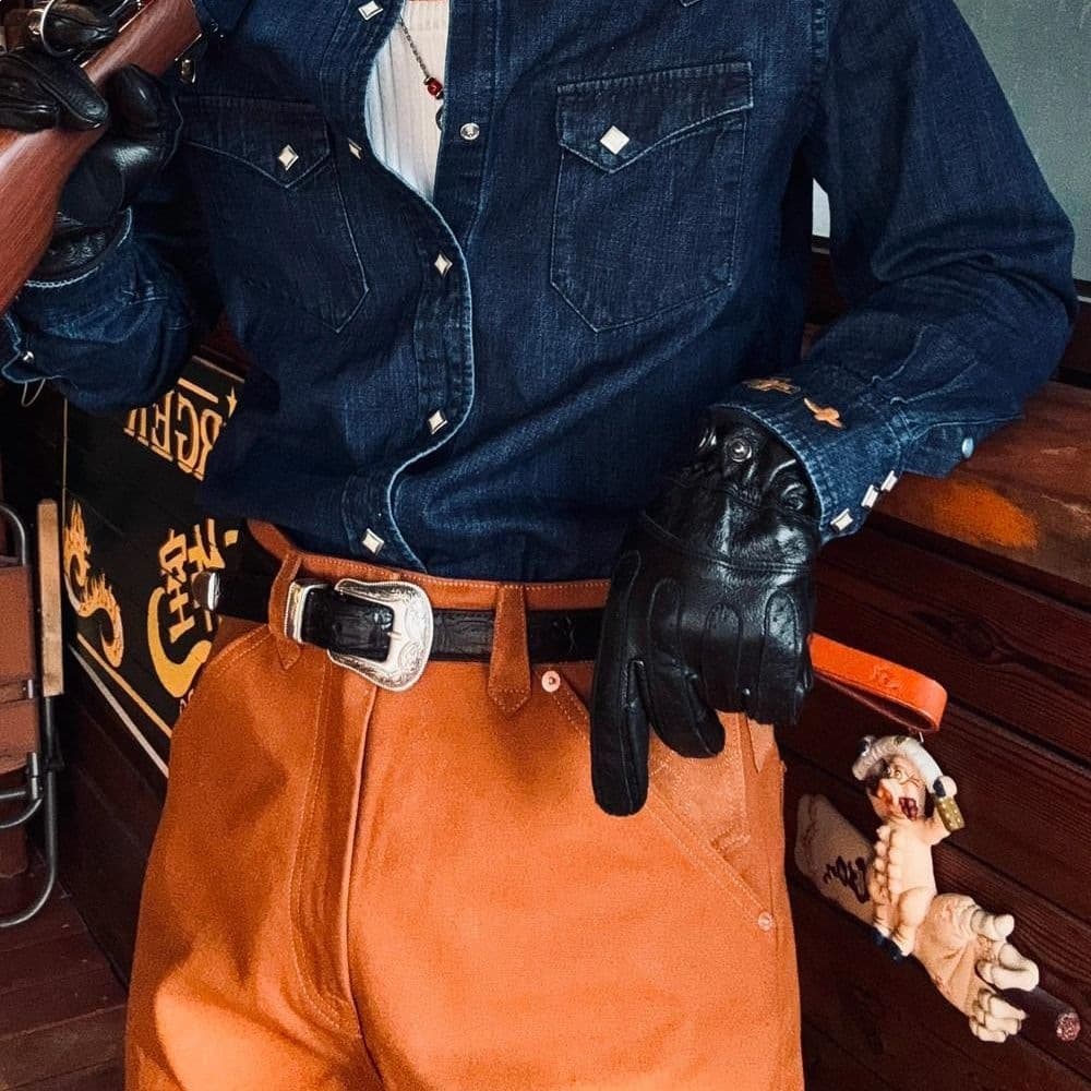 American Vintage Navajo Embroidery Western Shirt Washed Distressed Workwear Long Sleeve Denim Shirt Cowboy Blue In Stock