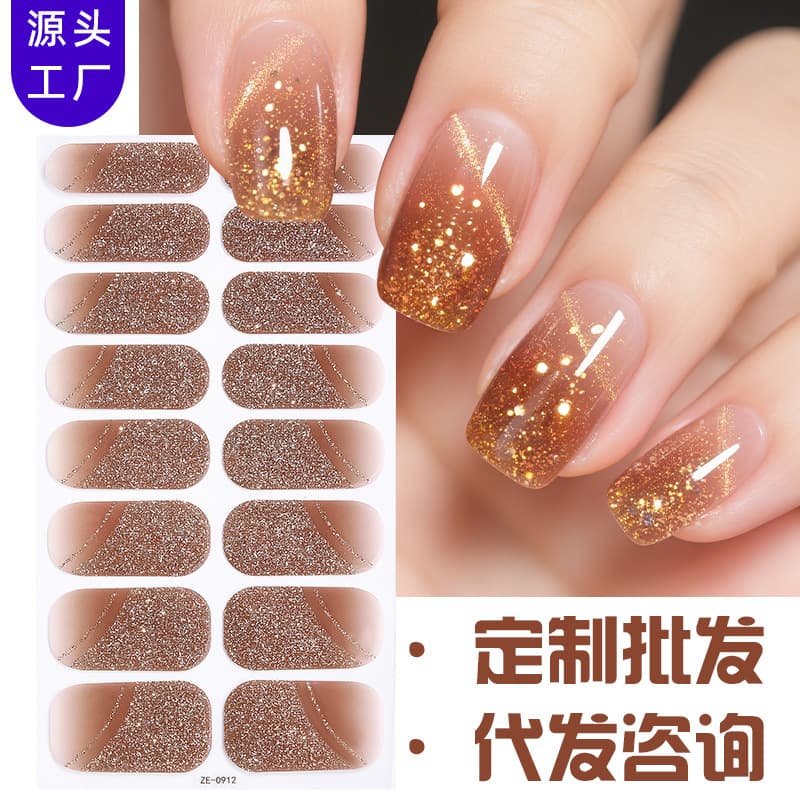 Zhengxiang Cross-border Gradient Onion Pink French Nail Oil Film Nail Art Stickers 16 Fingers European and American Temu Hot Selling Nail Stickers Super Sparkle