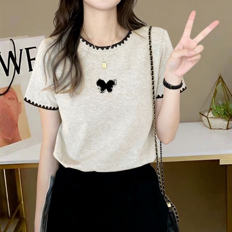 Summer Niche Design Beige Lace Collar Short Sleeve Korean Slim Fit T-Shirt for Women