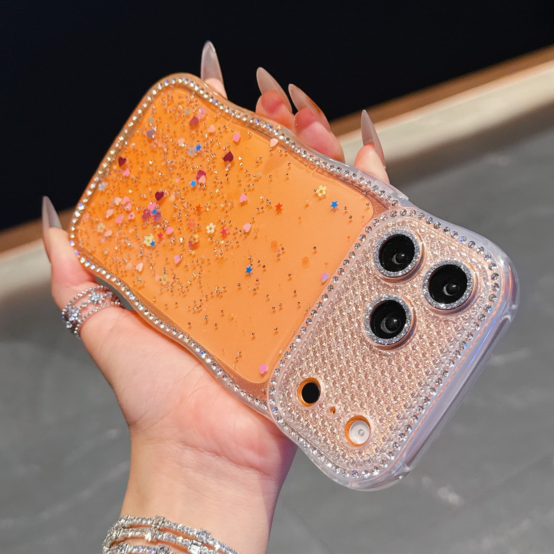 Suitable for iPhone17Promax edge diamond glue phone case Apple 16 glitter gold foil starry sky transparent protective cover
