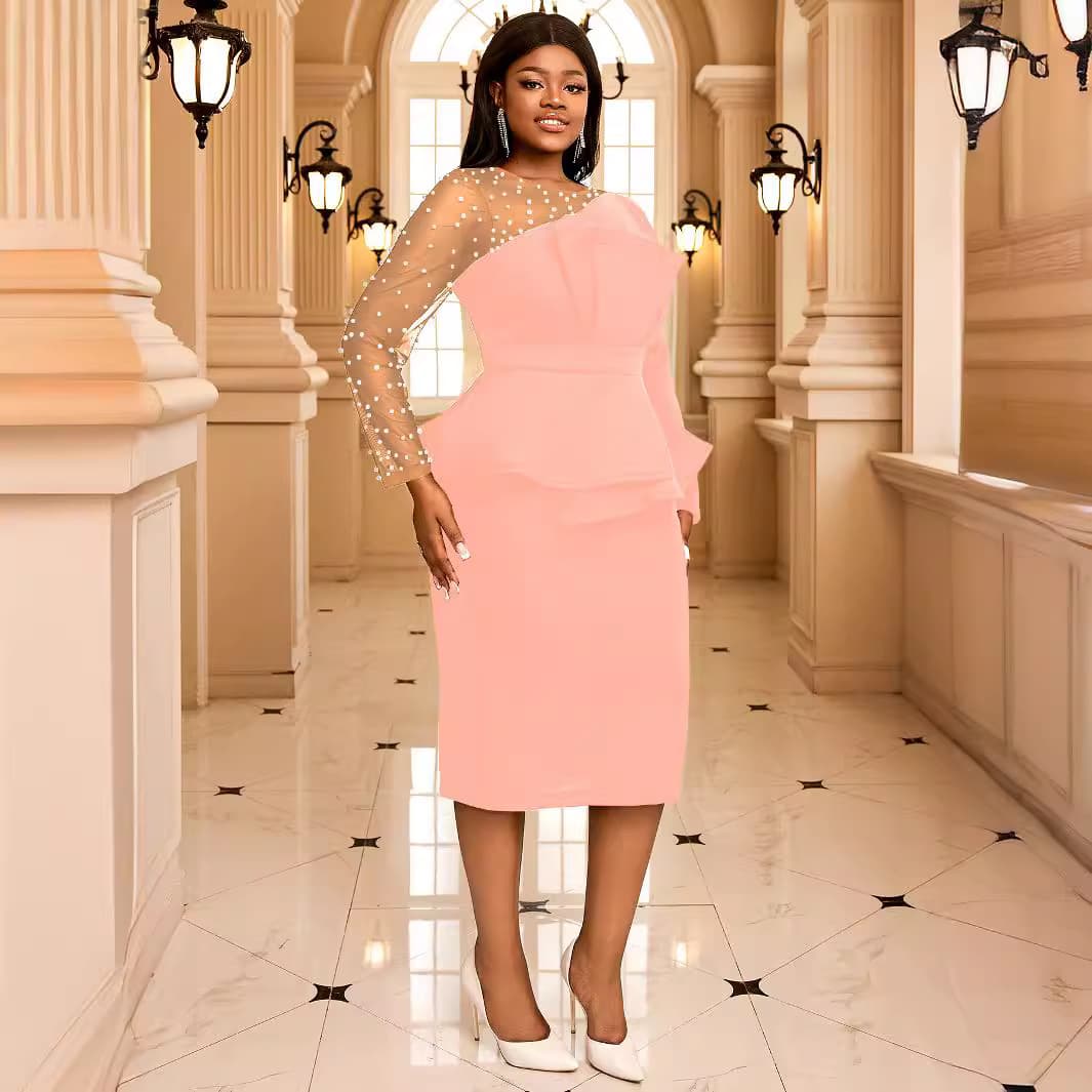 AM221017 Mesh See-Through Ruffle Beaded Dress Plus Size High-Waist Party Dress