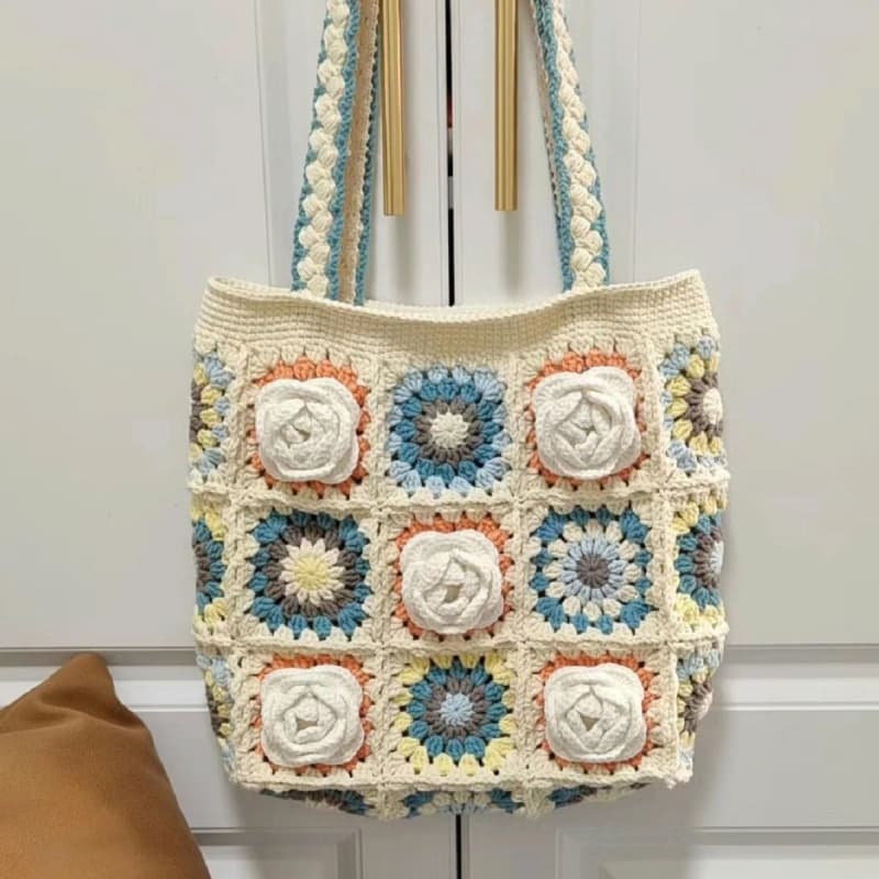 Camellia Granny Square Shoulder Bag DIY Yarn Kit Hand Knit Gift for Girlfriend Friend Crossbody Bag