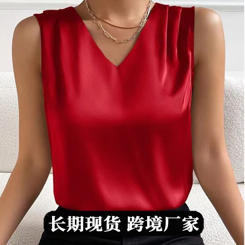 2025 Amazon European and American Cross-Border Women's Clothing Satin Suit Sleeveless Elegant Commuter Vest Base Top