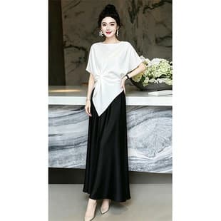 Trendy 200 Jin Plus Size Women's Asymmetric Short Sleeve Top and Skirt Two-Piece Set Chunky MM Suit 2561