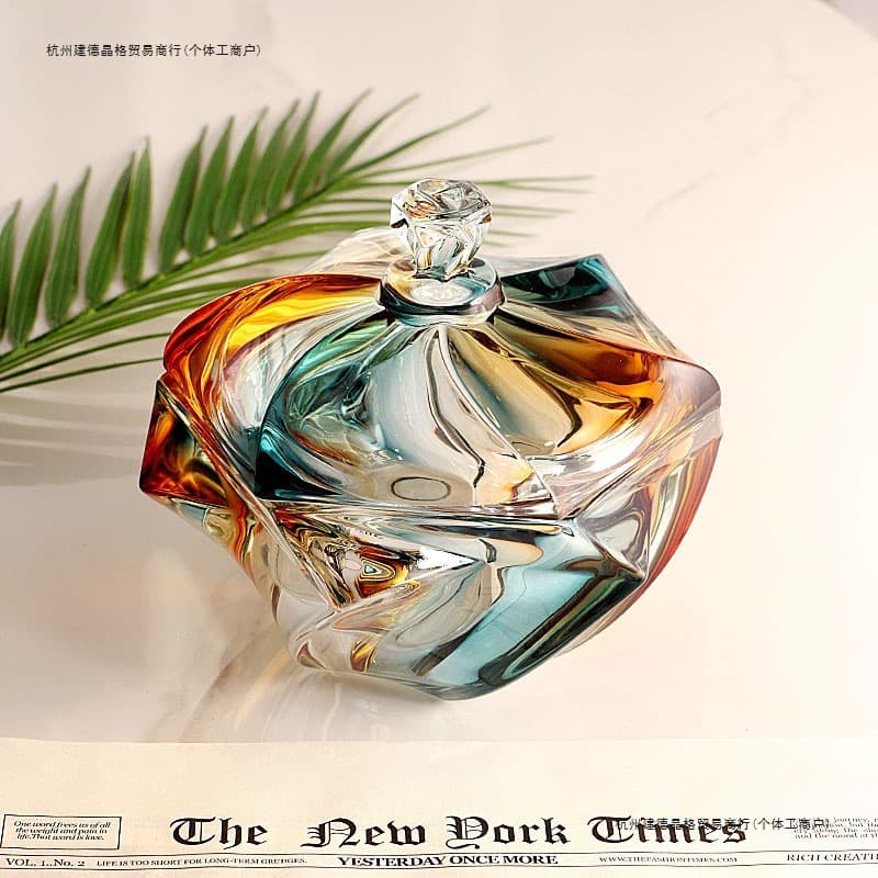 Creative Crystal Glass Sugar Jar with Lid, Unique Shaped Dry Candy Container, Luxurious Jade Gold Decorative Candy Box, Thickened Storage Canister