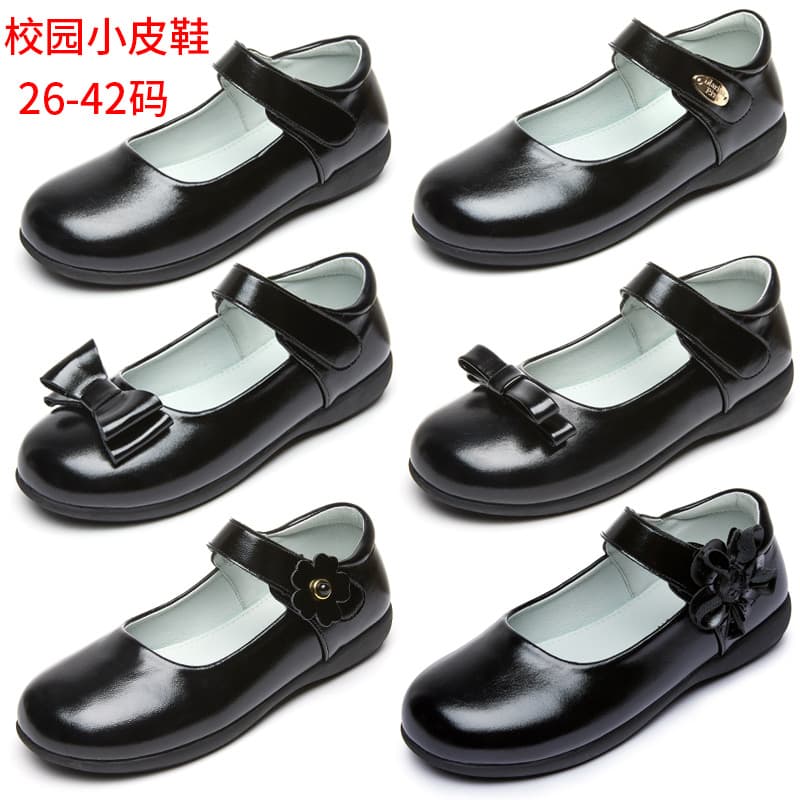 Princess Black Leather Shoes Children's Performance Soft Sole School Shoes Little Girls' Footwear College Style Velcro